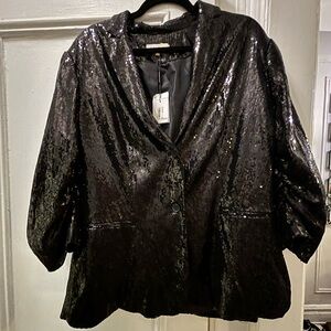 NWT Calvin Klein Black Sequined Jacket/ Gathered Slitted Sleeve/  size 1x